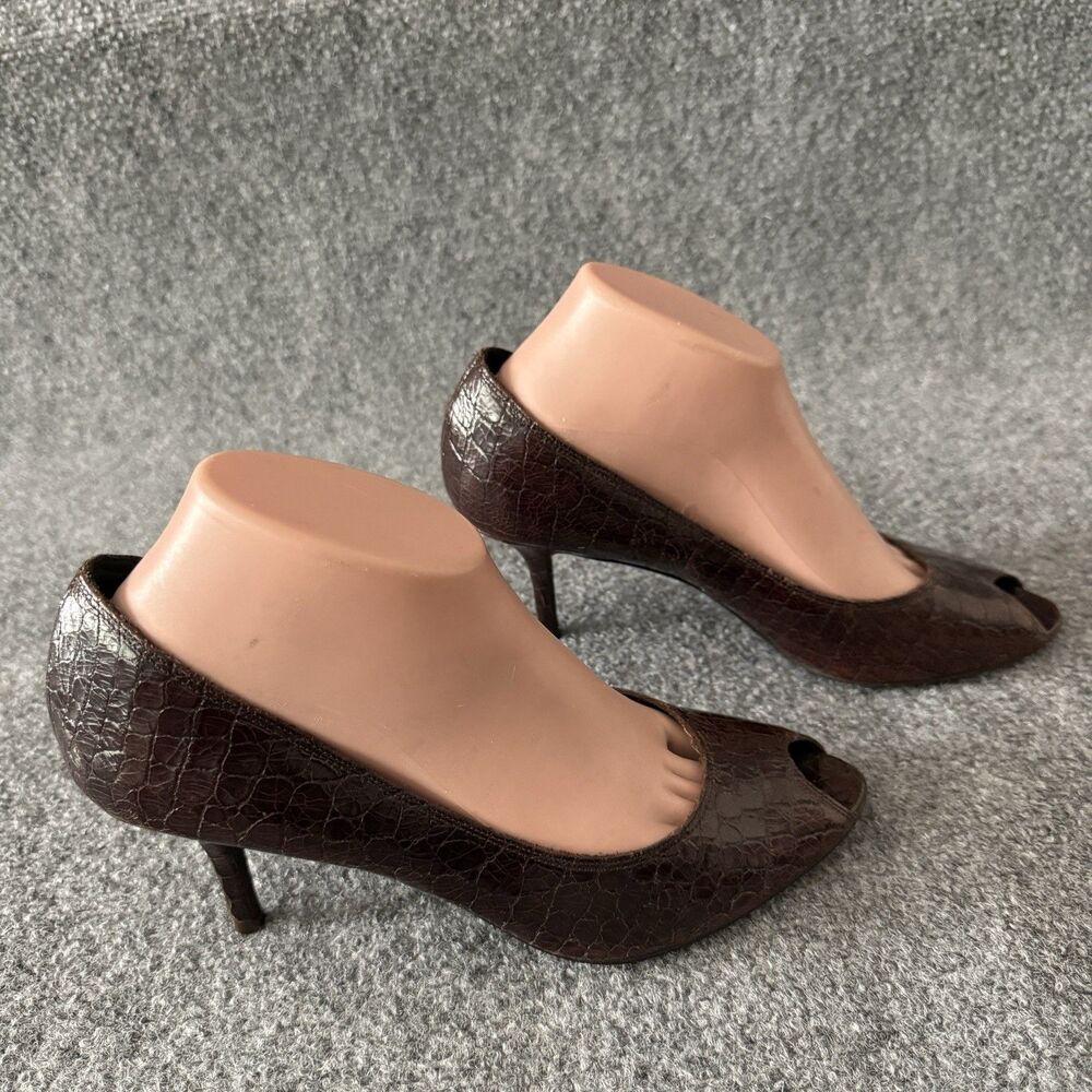 Donald J Pliner Tiff Brown Crocodile Embossed Slip-On Peep Toe Leather Pump 9N